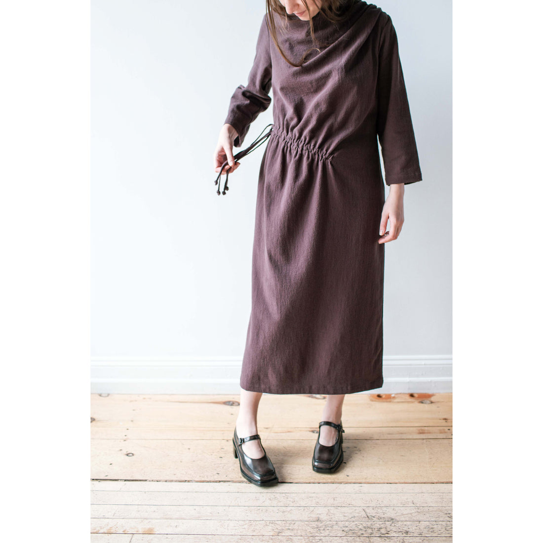 Black Crane Ruched Dress in Plum