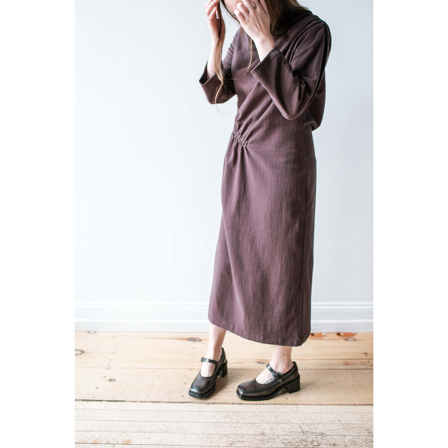 Black Crane Ruched Dress in Plum