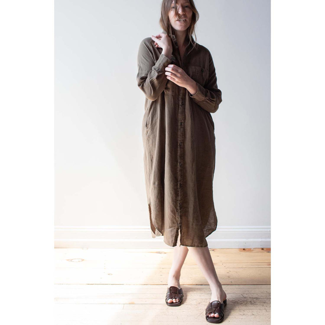 Ichi Antiquités Linen Canvas Overdye Dress in Khaki