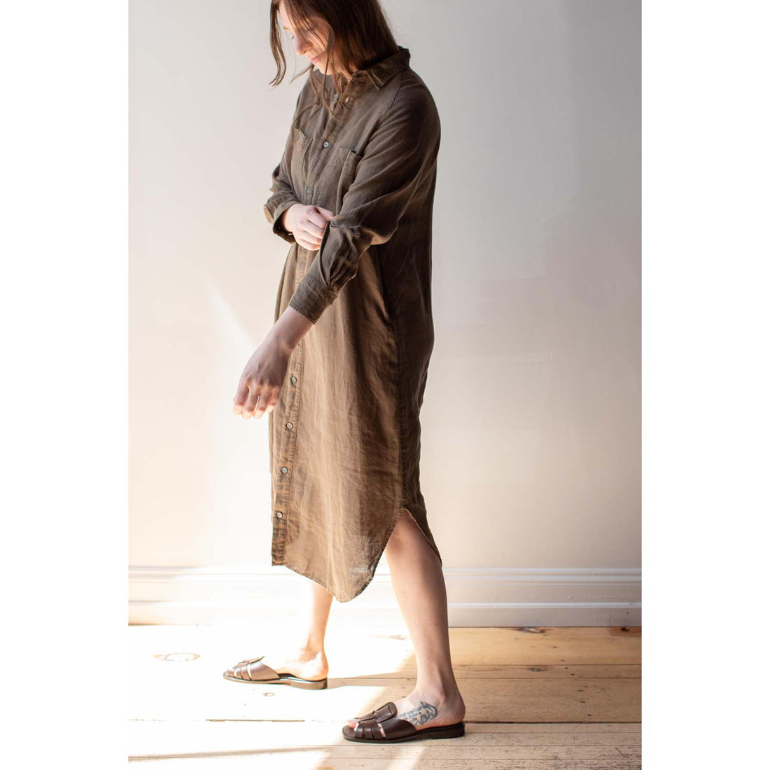 Ichi Antiquités Linen Canvas Overdye Dress in Khaki