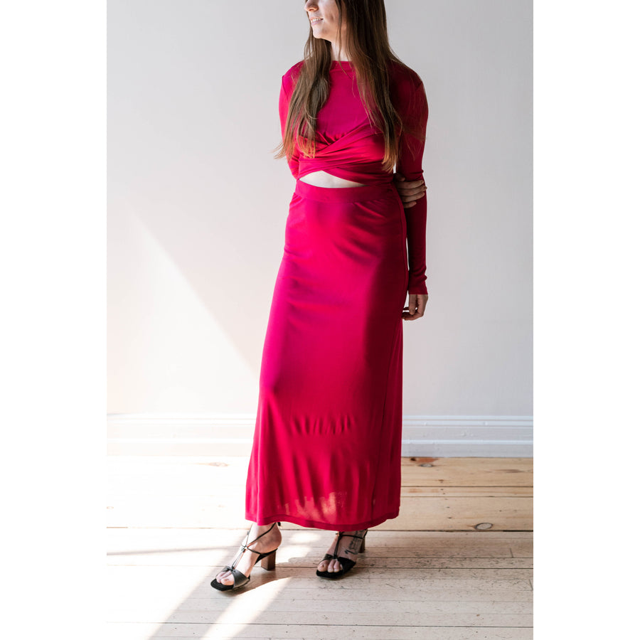 Nomia Draped Cross Front Maxi Dress in Magenta