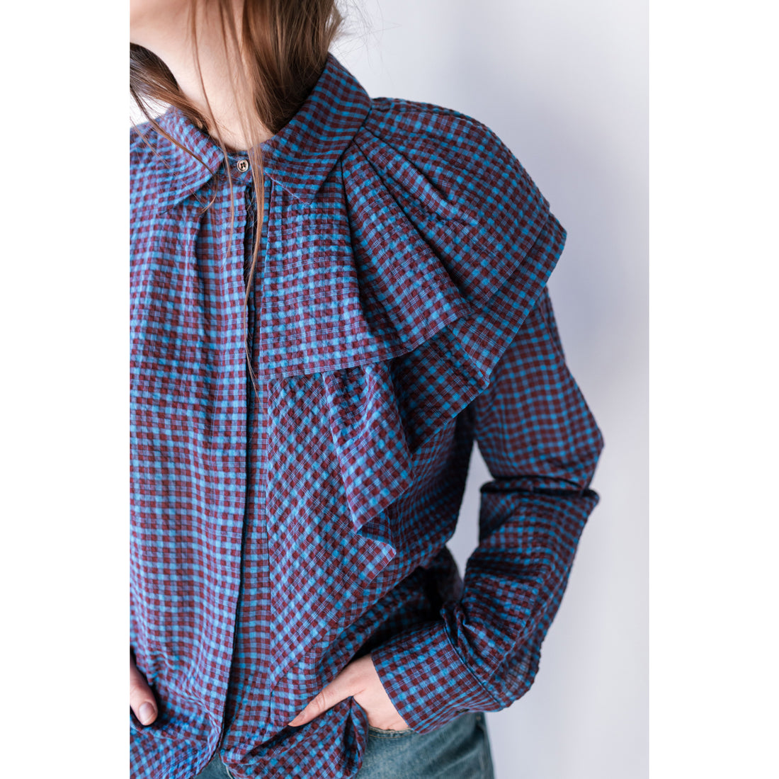 Caron Callahan Nadine Blouse in Mini Plaid Cerulean