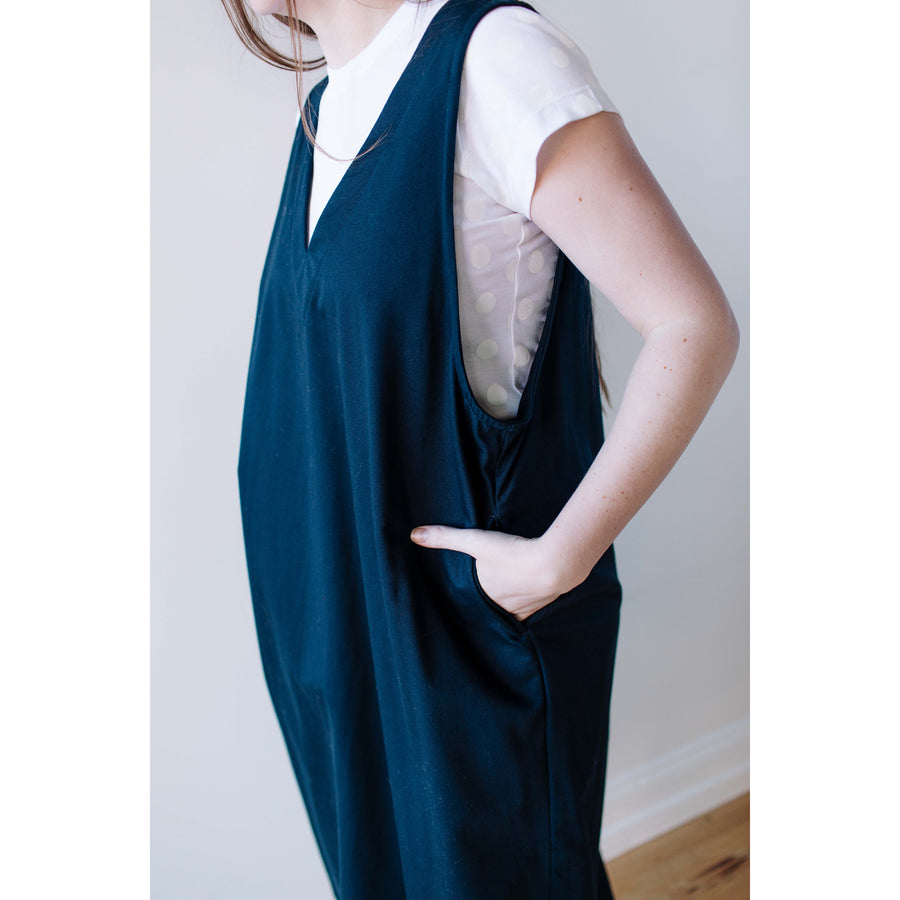 ICHI Woven Cotton Dress in Navy