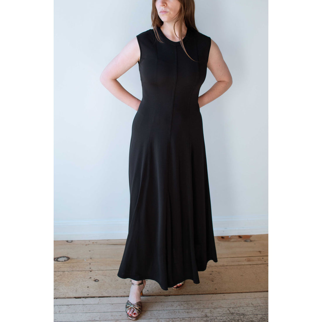 Nomia Seamed Flared Maxi Dress in Black