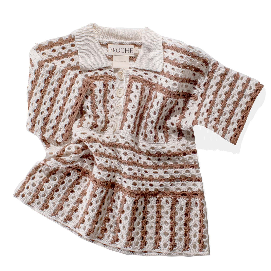 Proche Striped Open Crochet Polo in Cocoa