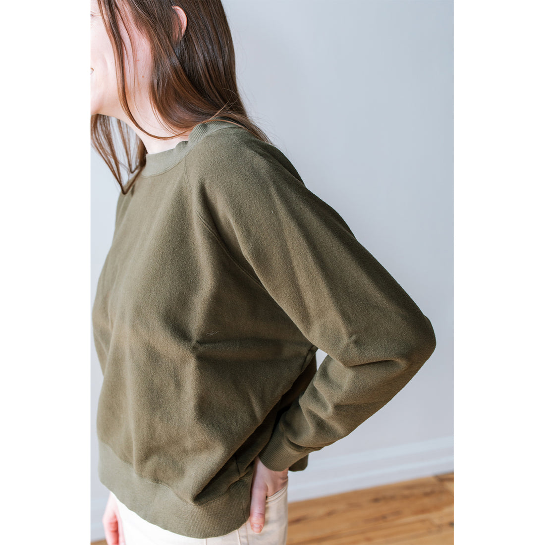 JUDITH Boxy Raglan Crew in Olive Green